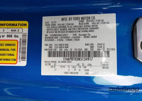 2021 Ford Mustang Ecoboost Fastback z USA, uszkodzony, nr VIN 1FA6P8TH2M5134917